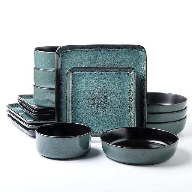Arora FLACKAR Square Stoneware 16pc Double Bowl Dinnerware Set for 4, Dinner Plates, Side Plates, Cereal Bowls, Pasta Bowls - Reactive Glaze Turquoise (491765)