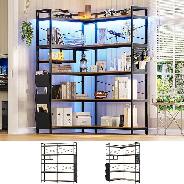 Itaar 5-Tier Corner Bookshelf, Convertible Book Shelf with Storage or 63" W Bookcase, Tall Bookshelf with Pegboard, Storage Bag & LED Light for Bedroom, Rustic Brown