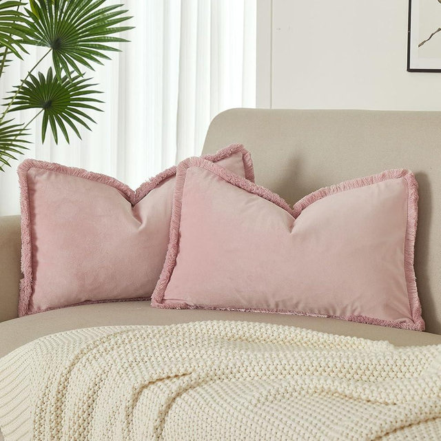JUSPURBET Pink Lumbar Velvet Throw Pillow Covers 12x20 Inch Set of 2 with Soft Tassel Fringe Luxury Boho Pillowcase for Sofa Couch Bed Home Decor Machine Washable