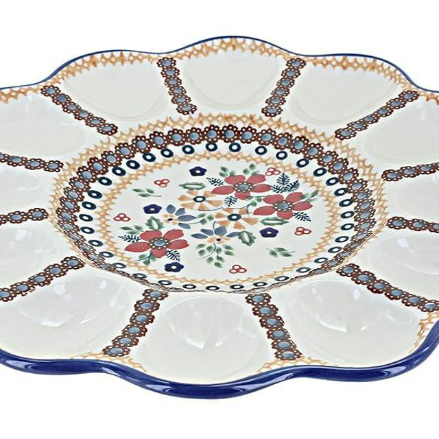 Blue Rose Polish Pottery Red Daisy Egg Plate