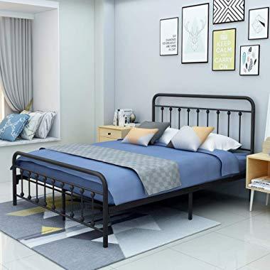AUFANK Metal Bed Frame Queen Size Victorian Vintage Style Headboard and Footboard No Box Spring Heavy Duty Steel Slat Mattress Foundation Black