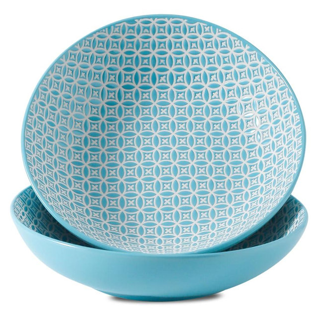 YELLOYA Ceramic 28oz Large Soup Bowls- 8in Wide and Shallow Ramen Bowls for Fruits, Pasta, Salad, Cereal, Dishwasher & Microwave Safe, Blue