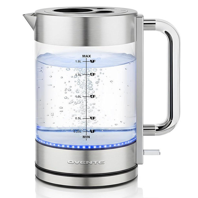 OVENTE Electric Kettle, 1.8L Tea Kettle Cordless with Borosilicate Glass Water Boiler, Stainless Steel Base, Acrylic Handle, 1500W Fast Boil Electric Kettle, Easy Fill Lid, Auto Shutoff, Silver KG911S