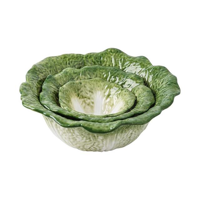 KXZ Green Cabbage Serving Bowl Set of 3 for Kitchen Counter - Extra Large 60oz, 16oz, 5oz Nesting Mixing Bowls, Dishwasher & Microwave Safe, Ideal for Salad, Party Fruit Bowl, Ceramic Pho Soup Bowls
