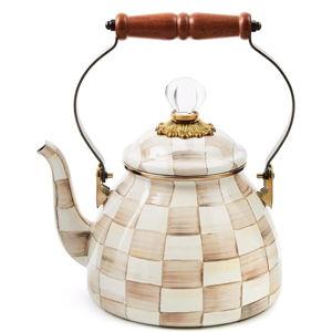 MACKENZIE-CHILDS Enamel Tea Kettle, Stylish Tea Kettle for Stovetop, Brown-and-White Mocha Check, 2 Quarts