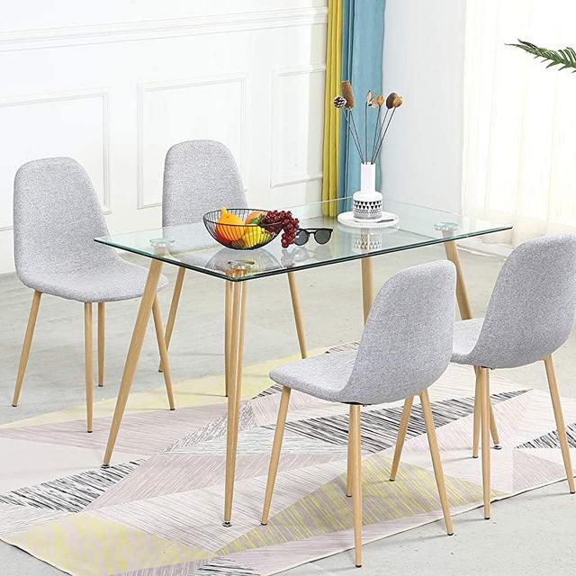 Dining Table Set for 4 Modern 5 Pieces Dining Room Set - Rectangle Tempered Glass Table and 4 Grey Fabric Dining Chairs - Kitchen Table and Chairs for Dining Room and Kitchen (Table + 4 Chairs)