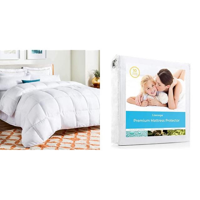 LINENSPA All Season Hypoallergenic Down Alternative Microfiber Comforter Premium Smooth Fabric Mattress Protector-100% Waterproof-Hypoallergenic- Vinyl Free Protector, Queen, White