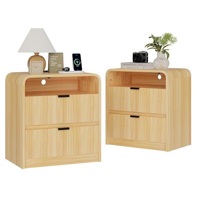FURSUN 24" Fluted Nightstand Set of 2 with Charging Station, Wooden End Table with 2 Drawers Storage, Curved Profile Design, Modern Bedside Cabinet for Bedroom Living Room, Natural Oak