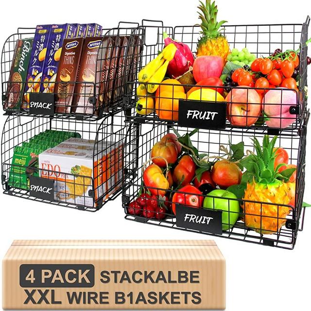 4 PACK XXL Stackable Wire Baskets, Pantry Storage and Organization, Extra Large Metal Basket,Vegetable Fruit Snack Chips Organizer,Storage Baskets For Organizing,Baskets for Kitchen Cabinet, Pantry, Closets, Counter, Bathrooms, Freezer, Farmhouse Decor Black