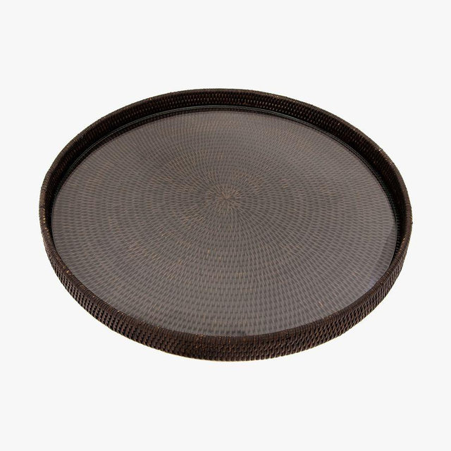 Tava Handwoven Rattan Round Serving Tray With Glass Insert, 16" Diam., Espresso