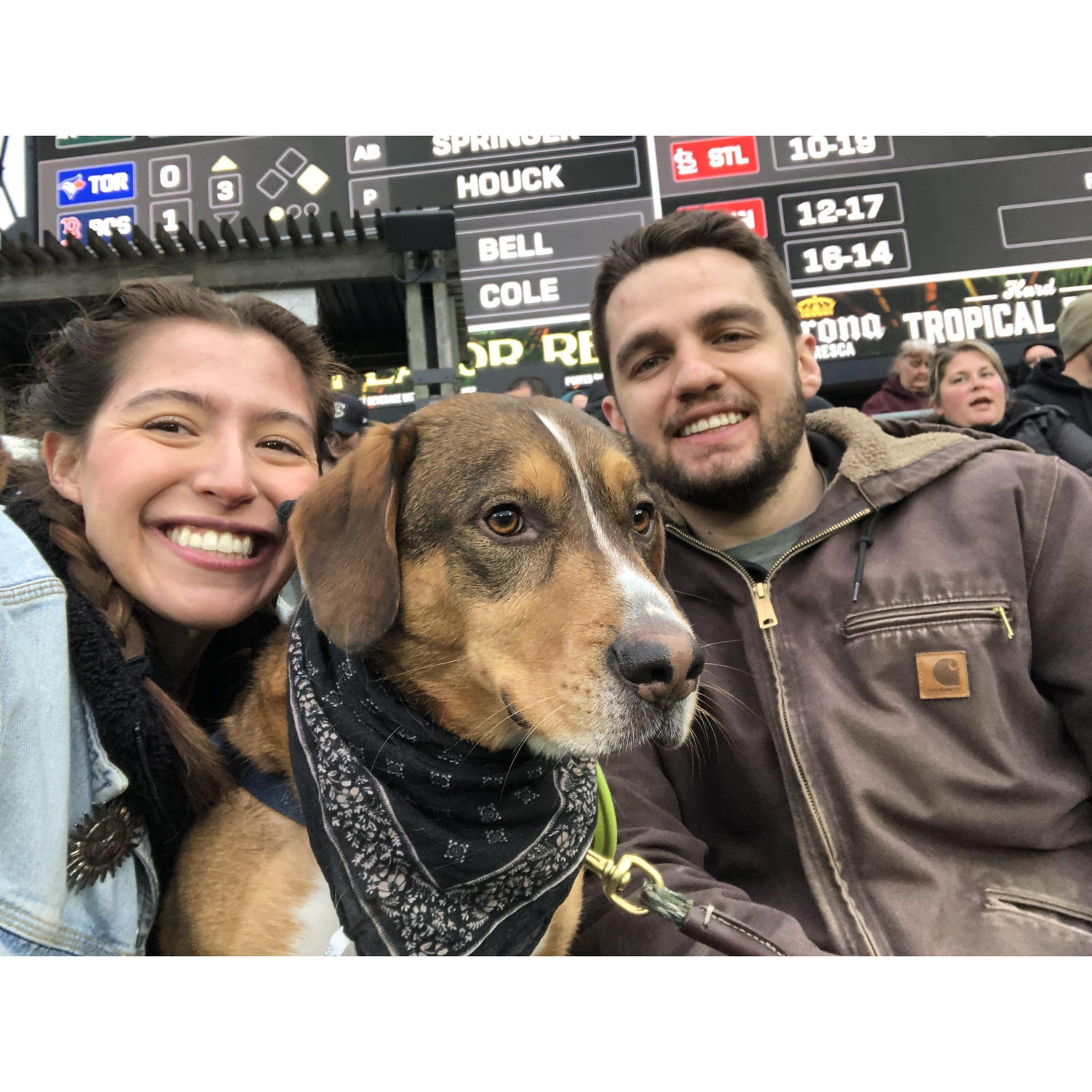 Our dog Frankie we got him together the first week we moved in together May 2019. This photo is from the Sox Pup Game!