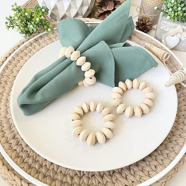 LEBEJUA Napkin Rings Set of 6 - Wood Bead Napkin Rings - Rustic Wooden Napkin Holder Ring for Table - Handmade Napkin Ring with Wooden Beads - Farmhouse Wooden Napkin Rings (Rosse)
