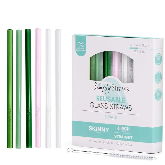Simply Straws 6 Inch Skinny Glass Straws (6-Pack) - Reusable Cocktail Straws for Mixed Drinks, Low Balls, Coffee & Tea, with Cleaning Brush – Dishwasher Safe, Hot & Cold Use, BPA-Free (Palm)