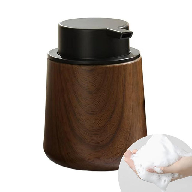 Walnut Wood Grain Soap Dispenser Plastic 8.45 oz -Pastoral Vintage Style for Bathroom & Kitchen Countertop Refillable Guest Bathroom Essentials
