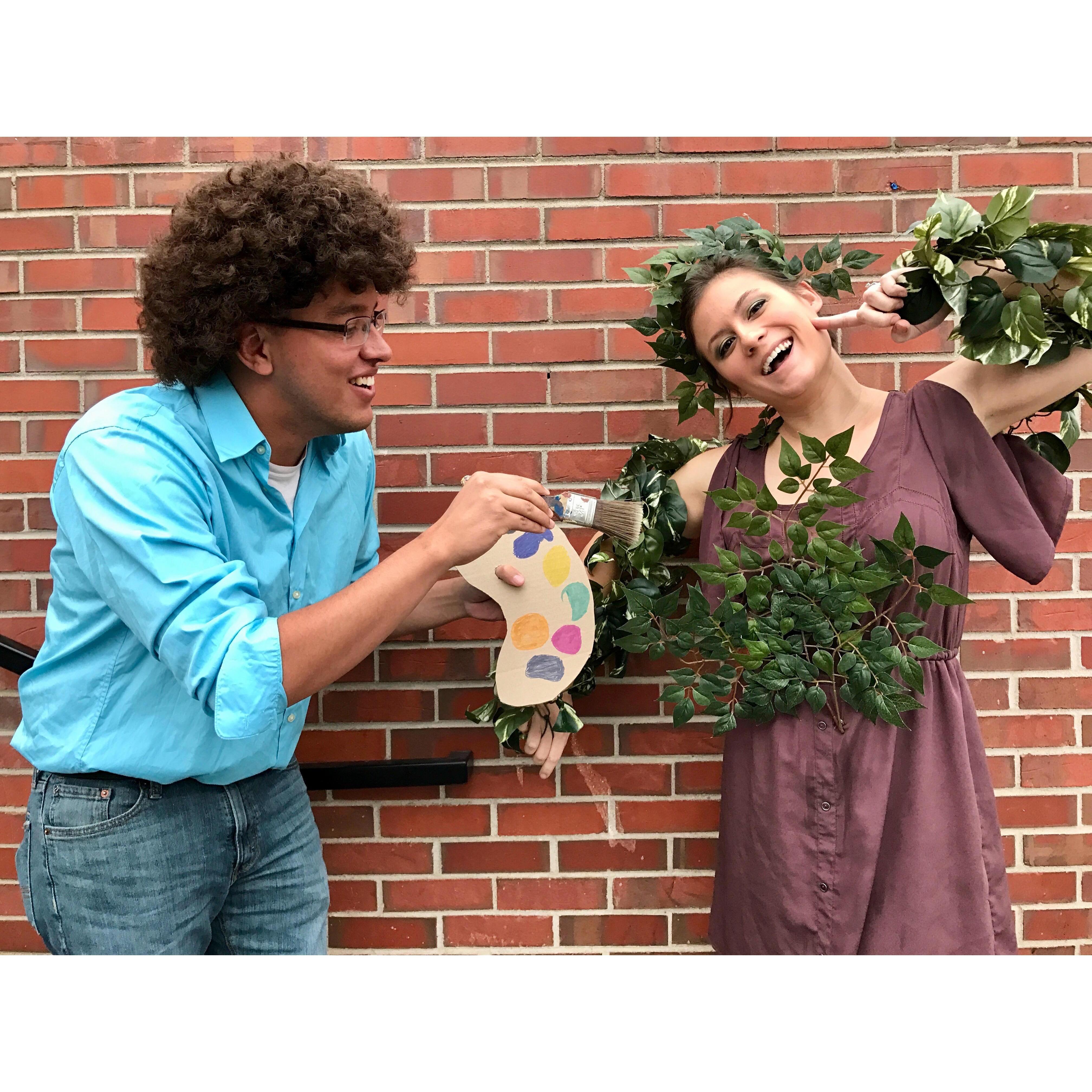 Ali hand-trimmed the store bought wig for optimum accuracy. We obviously won Best Couple's Costume! (There was no competition). 
[Bob Ross and his Happy Little Tree]