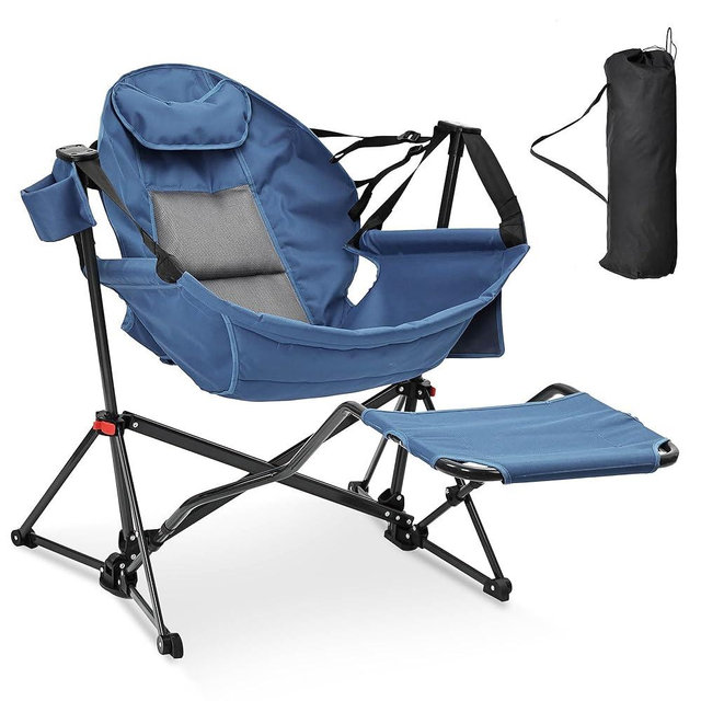 Ainfox Hammock Camping Chair with Footrest, Foldable Portable Rocking Chairs for Adults Outside Swinging Camp with Cup Holder Pillow for Outdoor Patio Poolside (Dark Blue)
