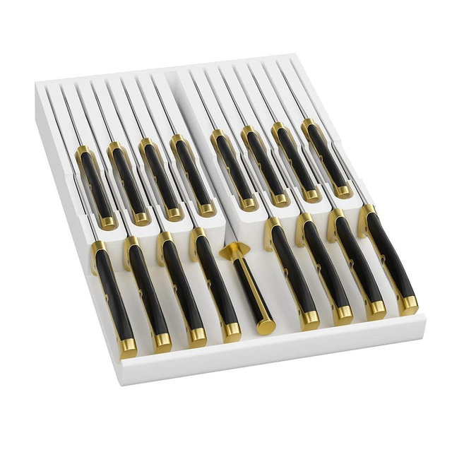 Domax Bamboo In-drawer Knife Block - Kitchen Knife Drawer Organizer Insert, Knife Holder without Knives Large, Drawer Knife Organizer Fits for 16 knives and 1 Sharpening Steel (Not Included), White
