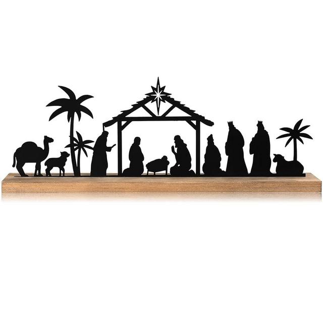Pinkunn Nativity Sets for Christmas Indoor Decor Black Metal Nativity Scene with Wooden Base People Nativity Set Decorations for Christmas Xmas Home Table Shelf