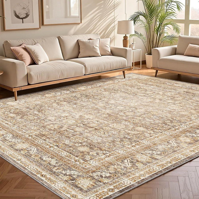 OPPODREAM Vintage Beige Area Rugs 8x10, 8 x 10 Retro Washable Rug Non Slip, Low-Pile Faux Wool Carpet, Soft Distressed Tan Floor Mat for Living Room, Bedroom, Office, Dorm, Dinning Room, Big & Large