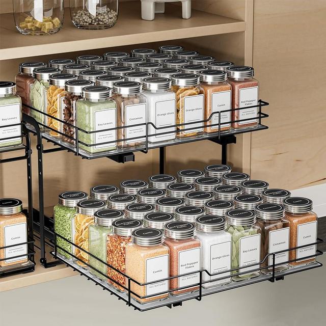 BOIVSHI 2-Tier Pull Out Spice Rack Organizer for Cabinet, Spice Rack Organizer, Height Adjustable Heavy Duty Metal Basket for Inside Cabinets & Pantry (13.5''Wx10.5''Dx9.5''H)