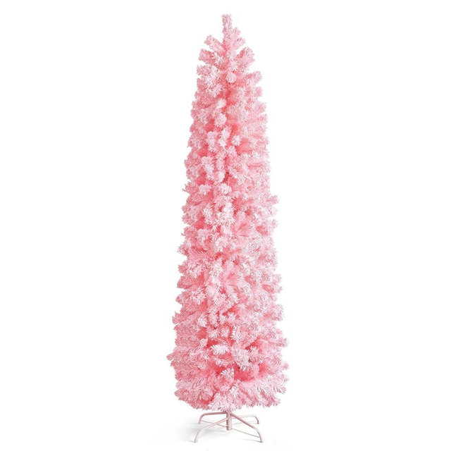 VINGLI 7.5ft Pink Flocked Pencil Christmas Tree, Slim Artificial Xmas Tree with 641 Branch Tips & Metal Stand, Skinny Christmas Tree for Home, Office & Party