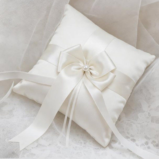 Ivory Satin Ring Pillow with Bow & Pearl, Wedding Accessory