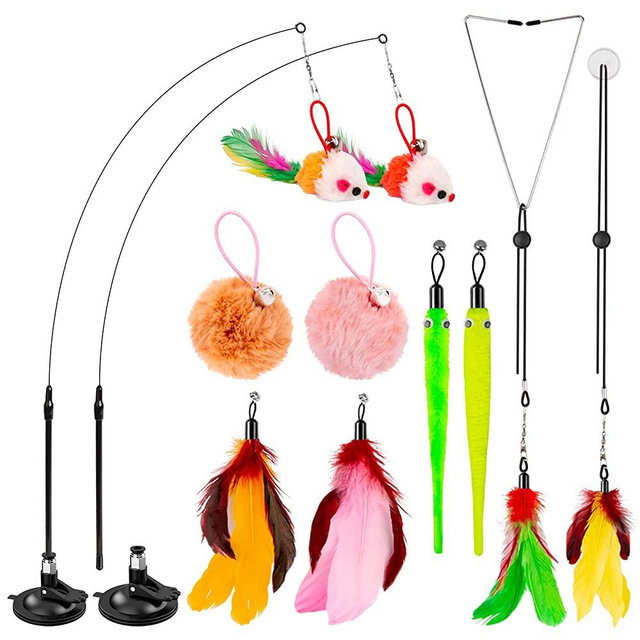 Cat Toys, HOSFROLL 2Pack 3 in1 Interactive Cat Toy with Sticky Super Suction Cup Detachable 10 Pcs Replacements Feathers Balls Mice 2 Wand Hanging Door Cat Toys for Indoor Cats Kitten Toys