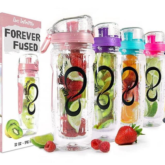 Live Infinitely 32 oz. Infuser Water Bottles - Featuring a Full Length Infusion Rod, Flip Top Lid, Dual Hand Grips & Recipe Ebook Gift (Rose Gold, 32 oz)