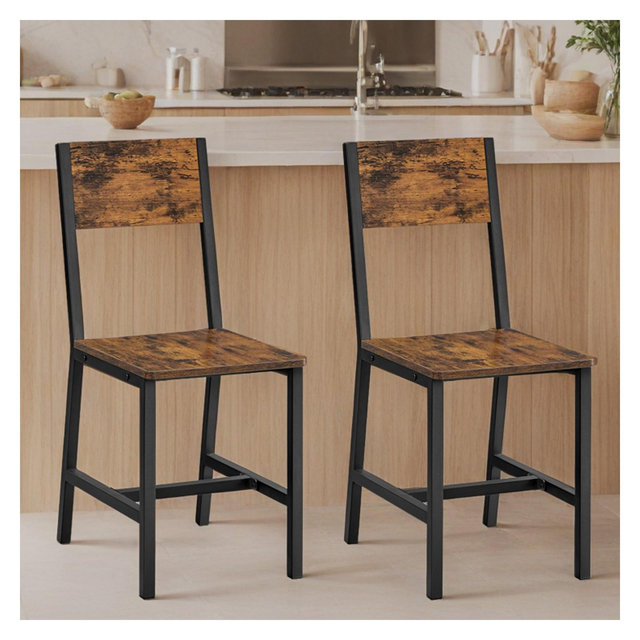 VASAGLE Dining Chair Set of 2, Rustic Wood Chairs with Metal Steel Frame, Easy to Assemble, Comfortable Seat, Rustic Brown and Ink Black