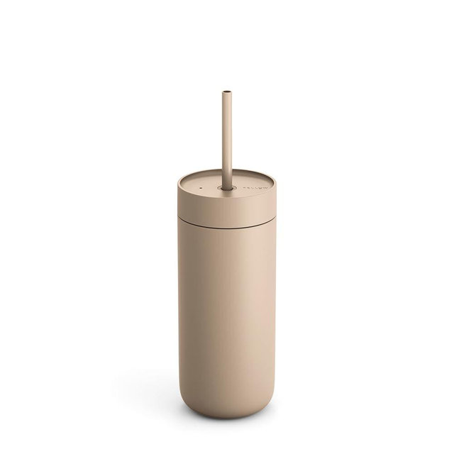 Fellow 16 oz Carter Cold Travel Mug for Water, Iced Tea, Coffee, Smoothies, Iced Coffee & more - Stainless Steel Vacuum-Insulated Iced Coffee tumbler with Spill Resistant lid and straw - Sand Dune