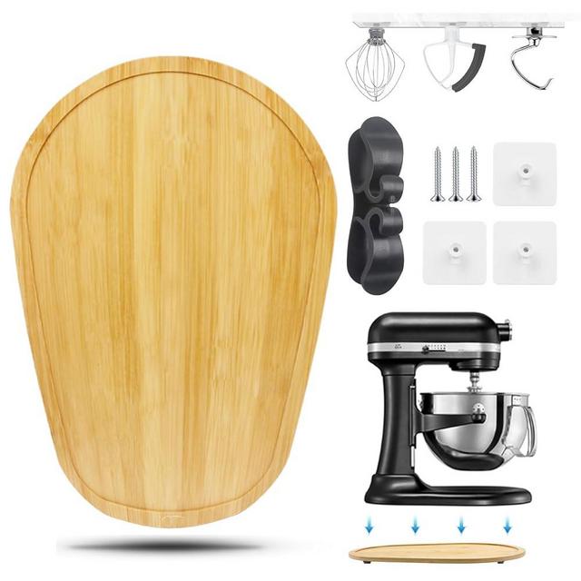 Sliding Mat for Kitchen aid 5-8 Qt Stand Mixer with 1Pc Cord Organizer and 3Pcs Attachment Holder for Kitchen Appliance Slider Counter, Moving Tray (5-8 Qt Bamboo and Attachment, Natural)