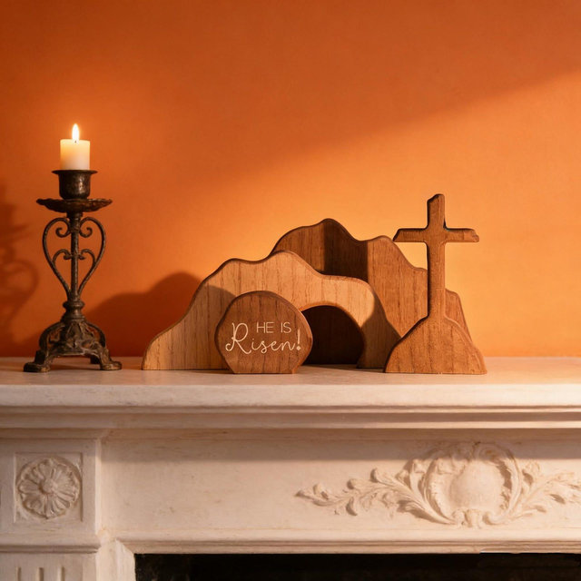 He is Risen Easter Decor - Empty Tomb Wood Cross with Mountains, Resurrection Scene ,for Easter Lent, Christian Home & Pastor Gift