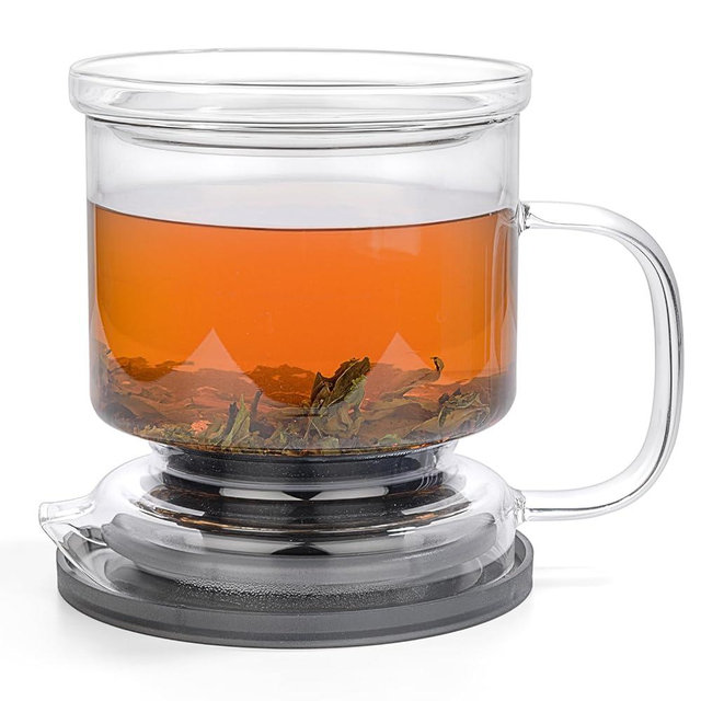 dokaworld Glass Tea Infuser – Loose Leaf Brewer Cup with Lid – Premium Glass Steeper for Loose Leaf with Coaster | Easy Brew & Clean, BPA-Free, Innovation Smart Tea Maker for Daily Brewing | 17oz