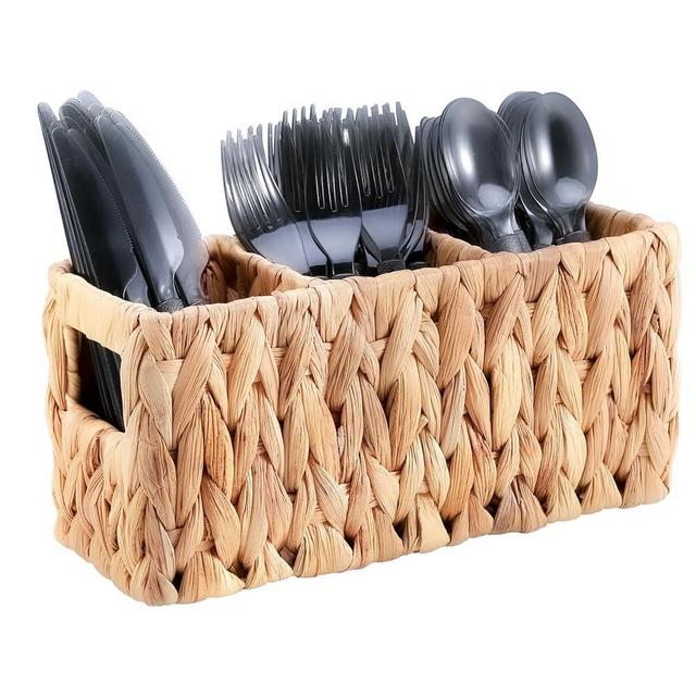 Niuirt Wicker Party Silverware Caddy, Small Water Hyacinth Plastic Cutlery Utensil Holder, Hand Woven with Handles, Kitchen Countertop and Picnic flatware Organizer