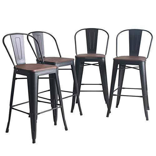 Yongqiang Set of 4 Metal Barstools 24 inch High Back Bar Stools Dining Chair Counter High Bar Chairs with Wooden Seat Matte Black