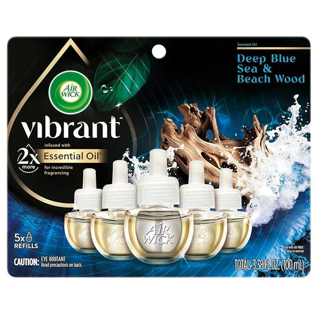 Air Wick Plug In Scented Oil Refills, Blue Sea + Beachwood, Air Fresheners for Home Long Lasting, Room Fresheners,Air Freshener Plug In, Essential Oils, House Essentials for Small + Large Spaces, 5 ct