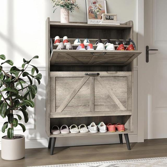 NOVAMAISON Shoe Storage Cabinet with 2 Flip Drawers, Hidden Shoe Cabinet Storage for Entryway Slim, Farmhouse Shoe Organizer with Wood Legs, Narrow Shoe Rack Cabinet, Washed Gray