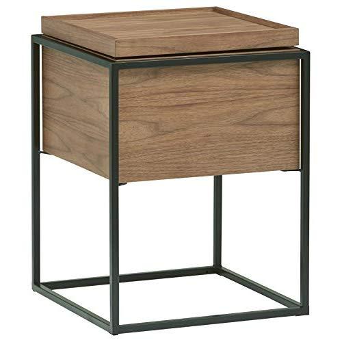 Rivet Axel Lid Storage Wood and Metal Side End Table Nightstand, Walnut