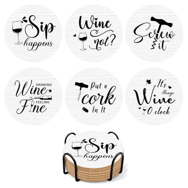 6 PCS Funny Sayings Cork Coasters for Drinks, Funny Wooden Coasters for Drinks with Coaster Holder, Living Room Kitchen Decor, for Wine Lover and Housewarming Present