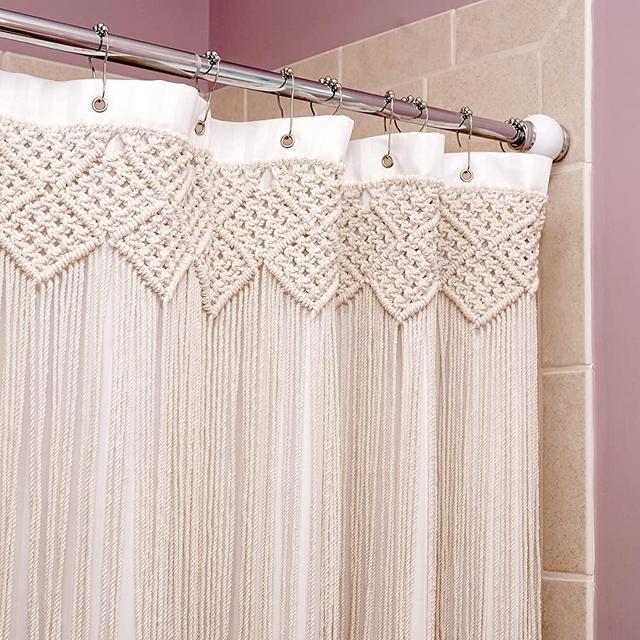 SnugLife Macrame Shower Curtain - White Boho Shower Curtain with Decorative Cotton Tassel Fringe for Modern Farmhouse Bathroom Decor - Weighted and Waterproof Fabric (72 x 72 Inches)