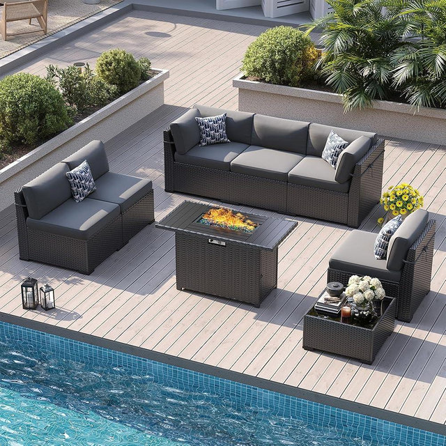 VONZOY 8 Piece Patio Furniture Set with 44” Fire Pit Table All-Weather Wicker Conversation Sectional Sofa & Coffee Table with Thickened Cushions for Backyard, Garden(Grey)