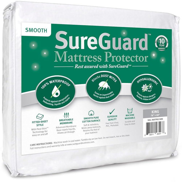 SureGuard King Size Mattress Protector - 100% Waterproof, Hypoallergenic - Premium Fitted Cotton Cover - Smooth