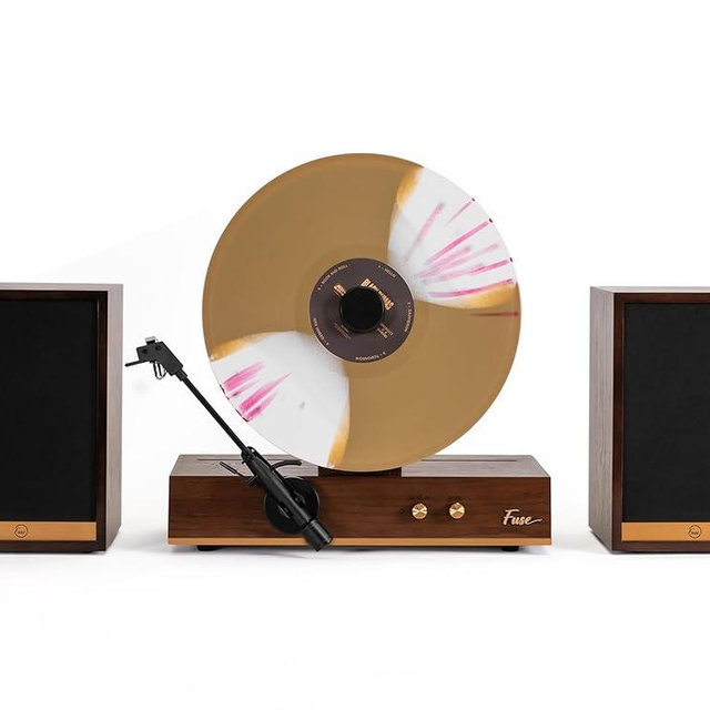 Fuse GLD Vertical Vinyl Record Player with Speakers | Gold Trim | 5.3 Bluetooth, AUX | Full Range External Speakers | Premium Cartridge | Vintage Mid Century Modern | Handcrafted Ashtree Wood