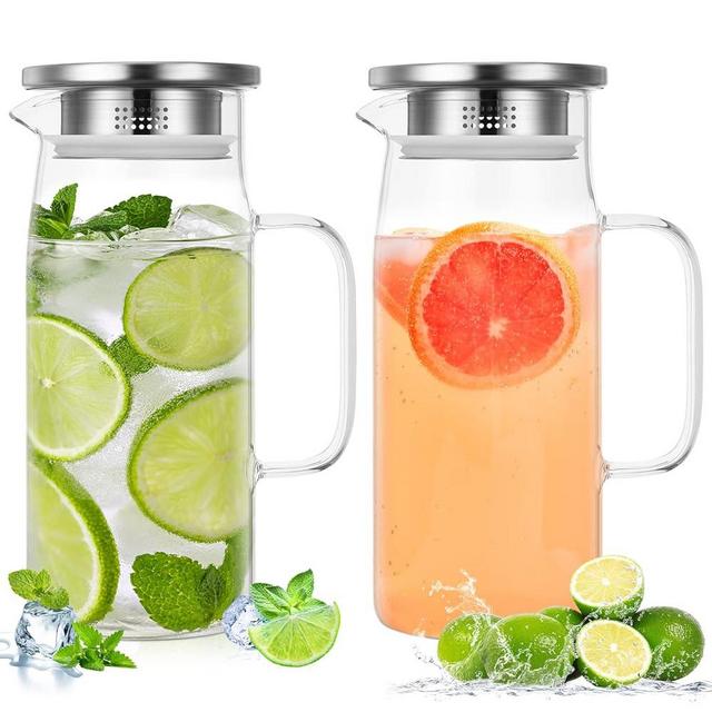 2 Pcs Glass Pitcher Water Pitcher with Lid Hot Cold Water Pitcher Bedside Water Carafe with Handle Heat Resistant Borosilicate Glass Jug for Fridge Beverage Carafe (27 oz,Stainless Steel)