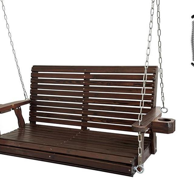 Wooden Porch Swing 2-Seater, Bench Swing with Cupholders, Hanging Chains and 7mm Springs, Heavy Duty 880 LBS, for Outdoor Patio Garden (Deep Brown, 4 FT Extra Large)