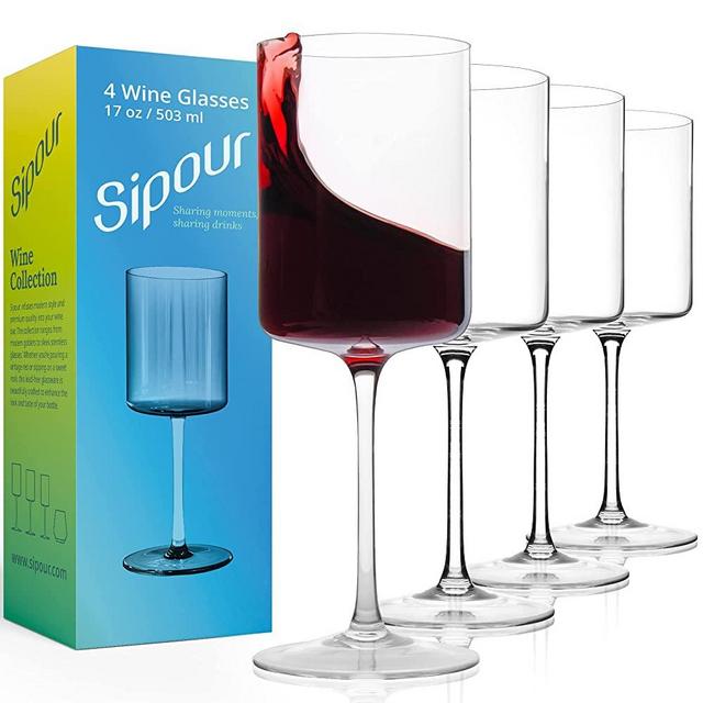 Square Wine Glasses Set of 4 – 17oz Crystal Wine Glasses – Elegant & Modern Long Stem Wine Glasses for White & Red Wine – Hand-Blown Lead-Free Large Wine Glass