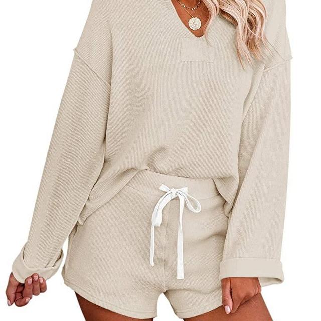 MEROKEETY Women's Long Sleeve Pajama Set Henley Knit Tops and Shorts Sleepwear Loungewear