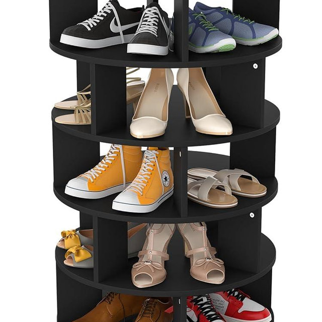 Aheaplus Rotating Shoe Rack, 5-Tier Wood Shoe Organizer for Closet, 360° Spinning Shoe Rack Tower Space-Saving Shoe Storage Shelf for Entryway, Garage, Bedroom, Black
