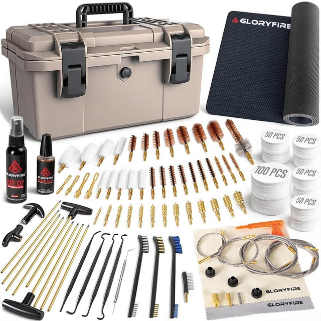 GLORYFIRE Deluxe Universal Gun Cleaning Kit - Highly Effective Cleaning Solutions for Hunting and Shooting - Portable/Compact - Brown