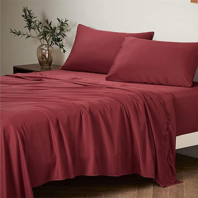 Bedsure 100% Bamboo Sheets Set Queen Burgundy - Cooling Bamboo Bed Sheets for Queen Size Bed with Deep Pocket 4PCs Super Soft Breathable